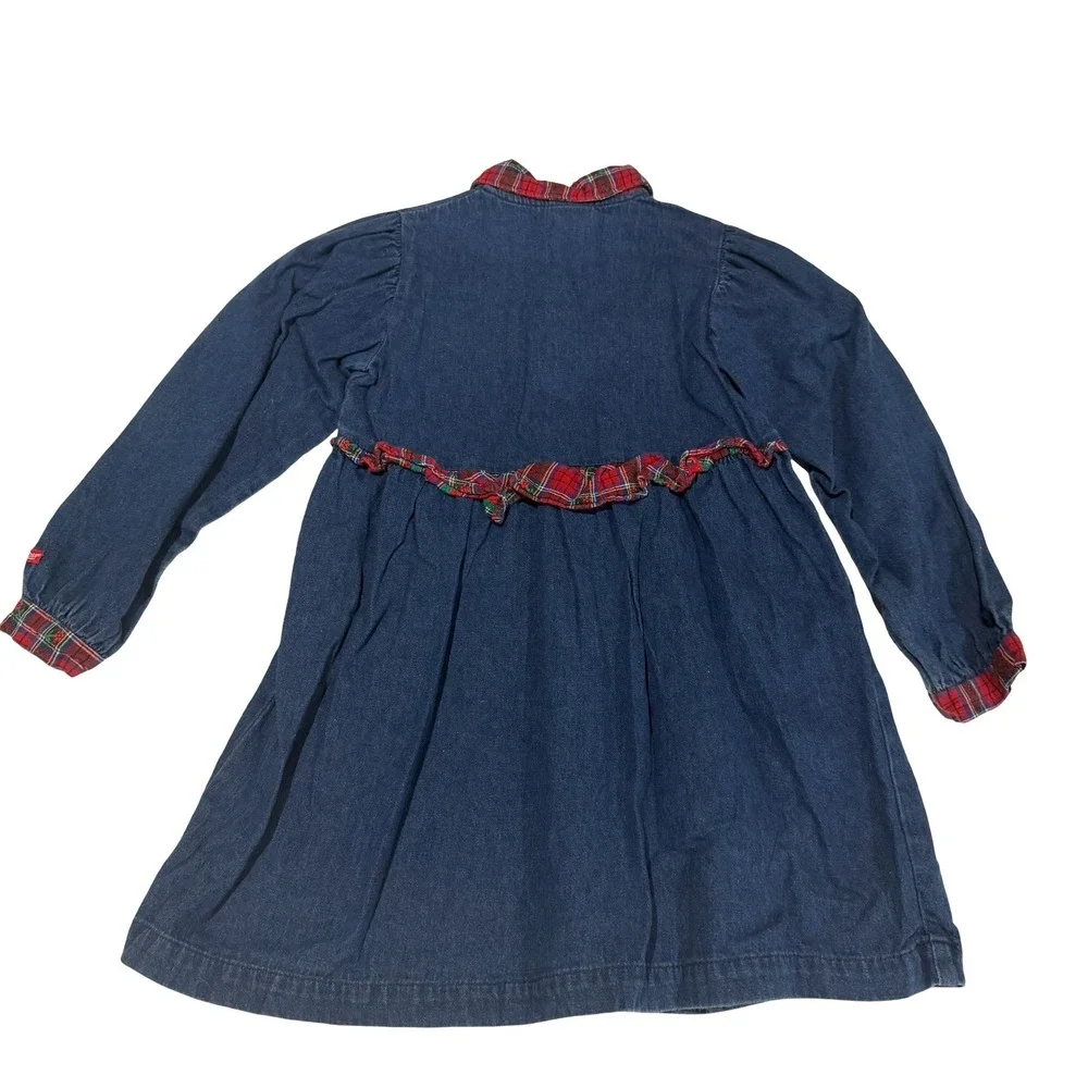 Vintage OshKosh B'gosh Girls Denim Dress Plaid Trim Made in USA Size 6 Blue Red‎